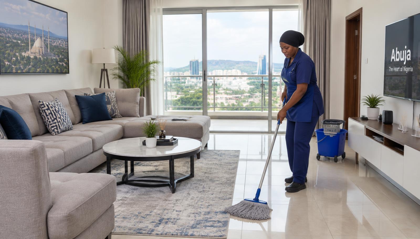 Cleaner mopping a living room