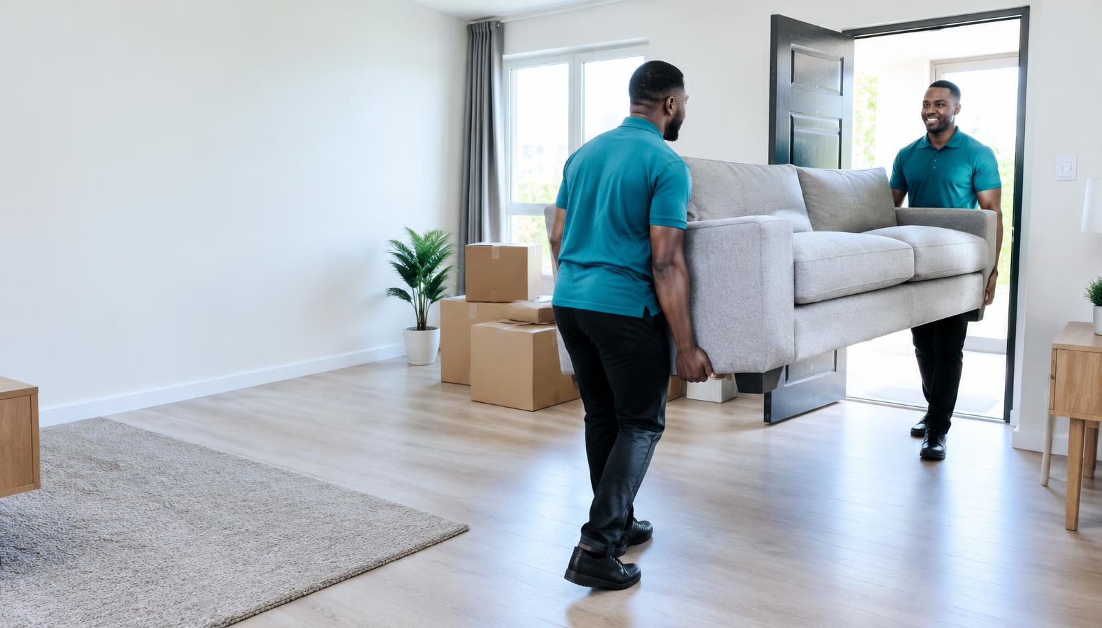 Movers carrying a sofa into a new home